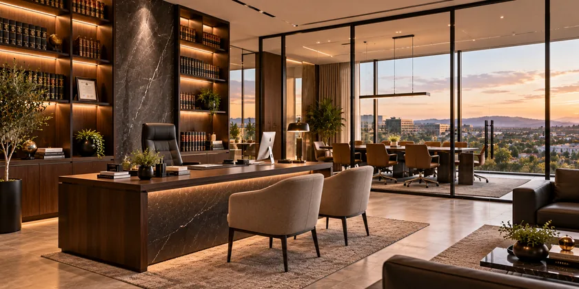 An executive law office at sunset